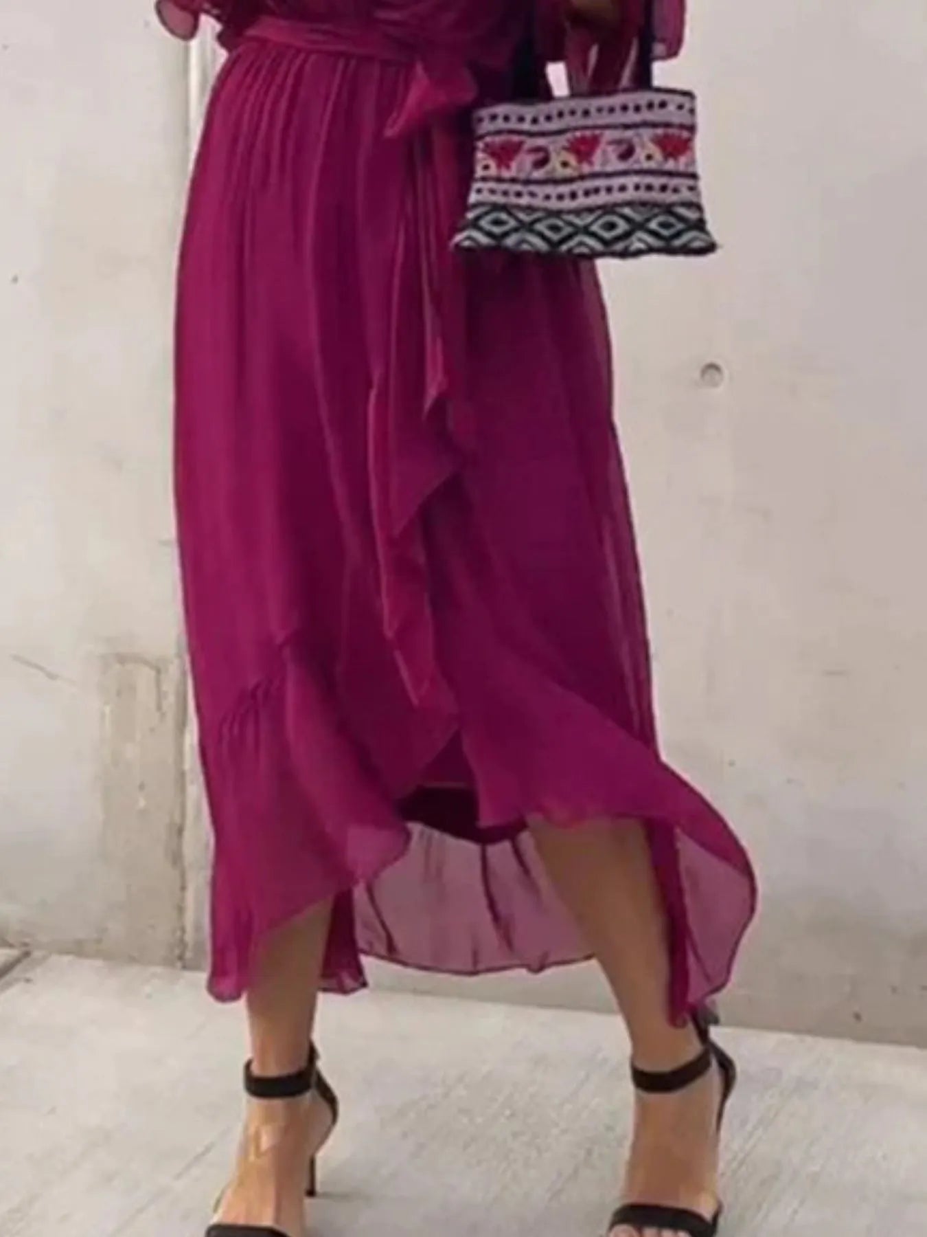 Plus Size Flowy Tie Front Midi Dress with Flutter Sleeves.