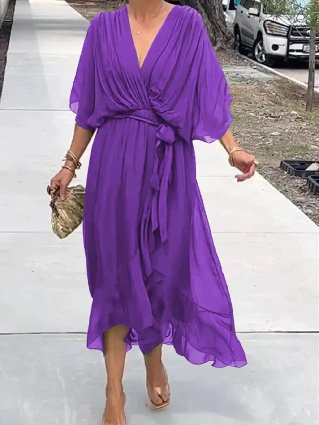 Plus Size Flowy Tie Front Midi Dress with Flutter Sleeves.