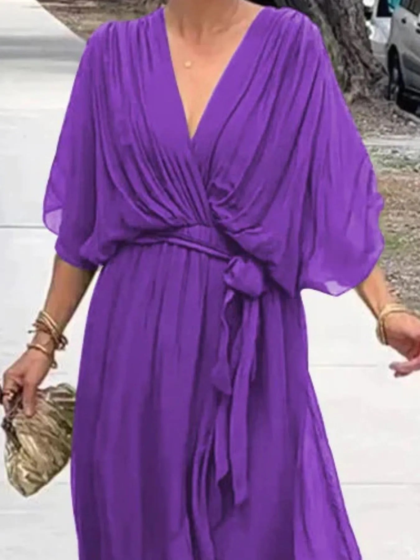 Plus Size Flowy Tie Front Midi Dress with Flutter Sleeves.