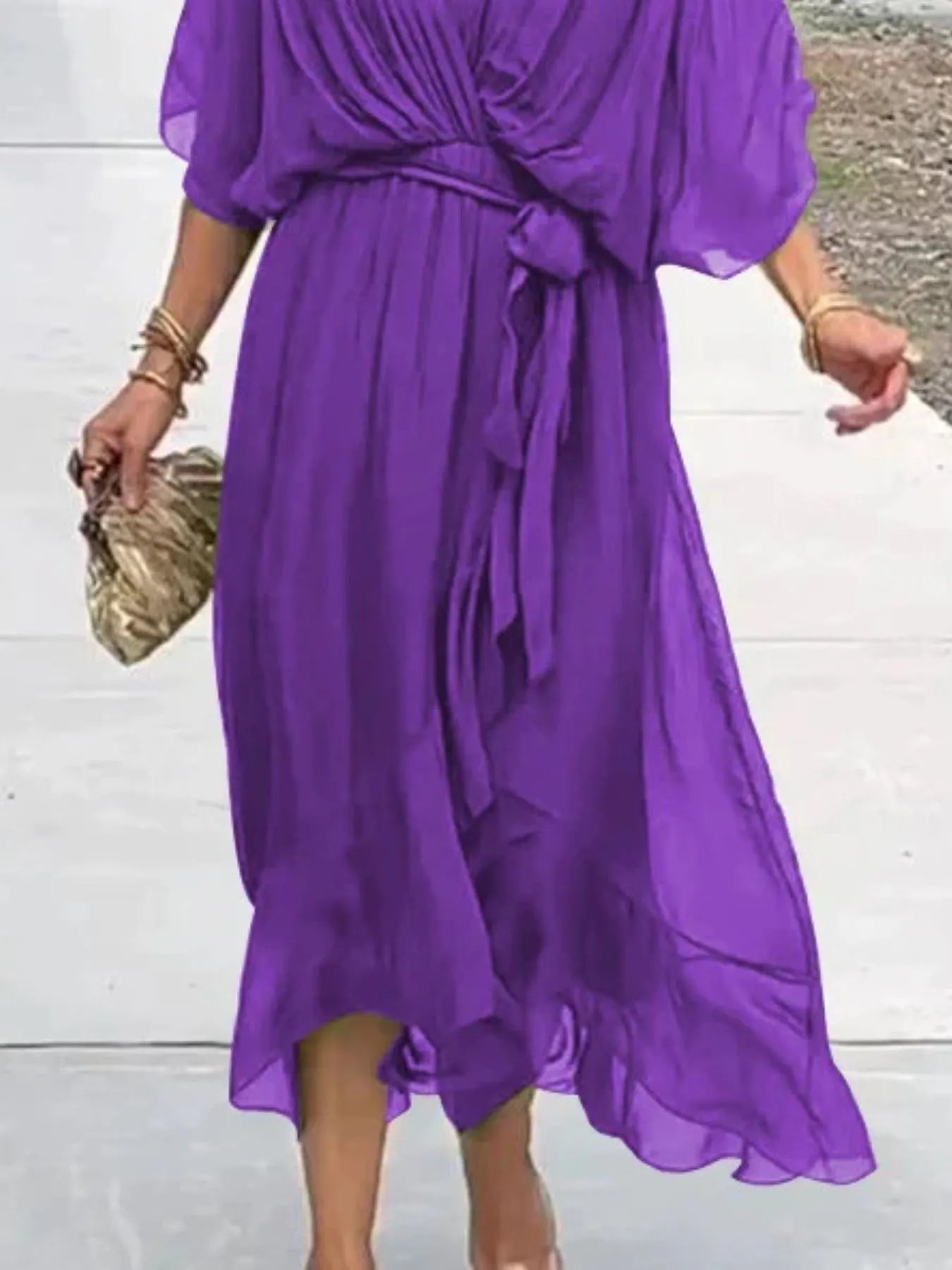 Plus Size Flowy Tie Front Midi Dress with Flutter Sleeves.