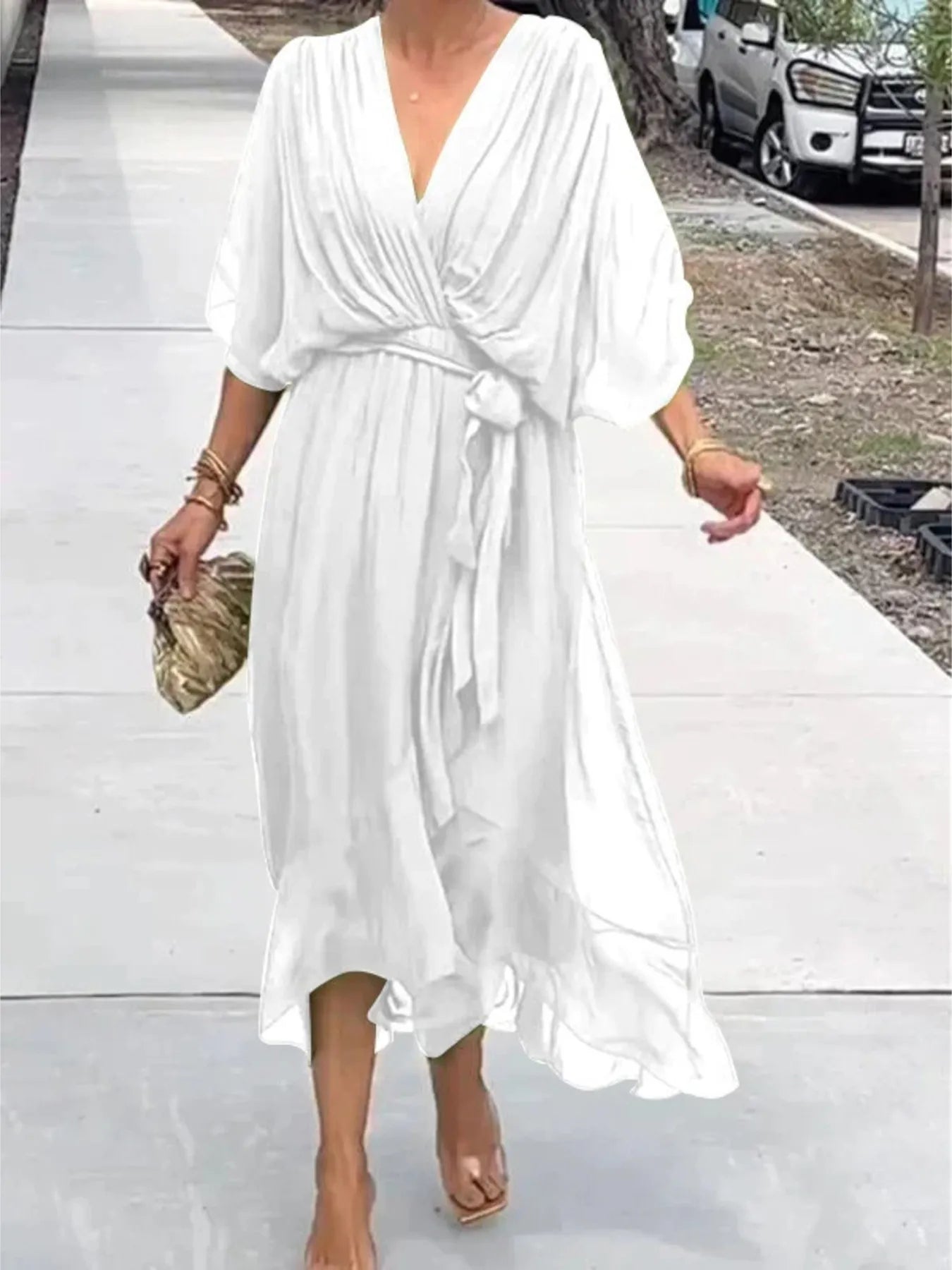 Plus Size Flowy Tie Front Midi Dress with Flutter Sleeves.