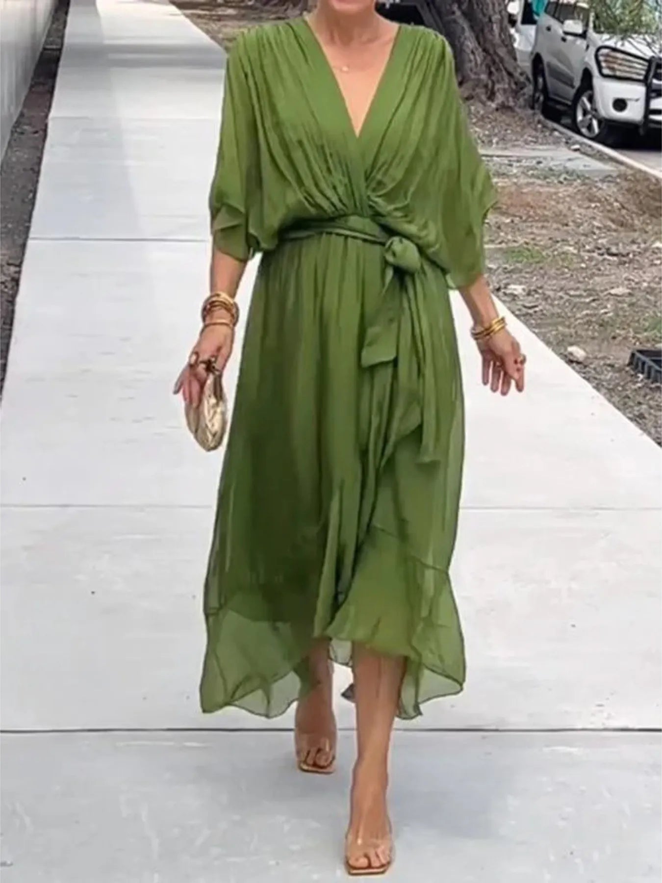 Plus Size Flowy Tie Front Midi Dress with Flutter Sleeves.
