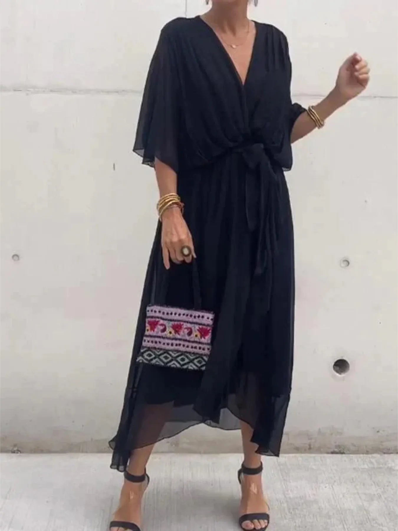 Plus Size Flowy Tie Front Midi Dress with Flutter Sleeves.