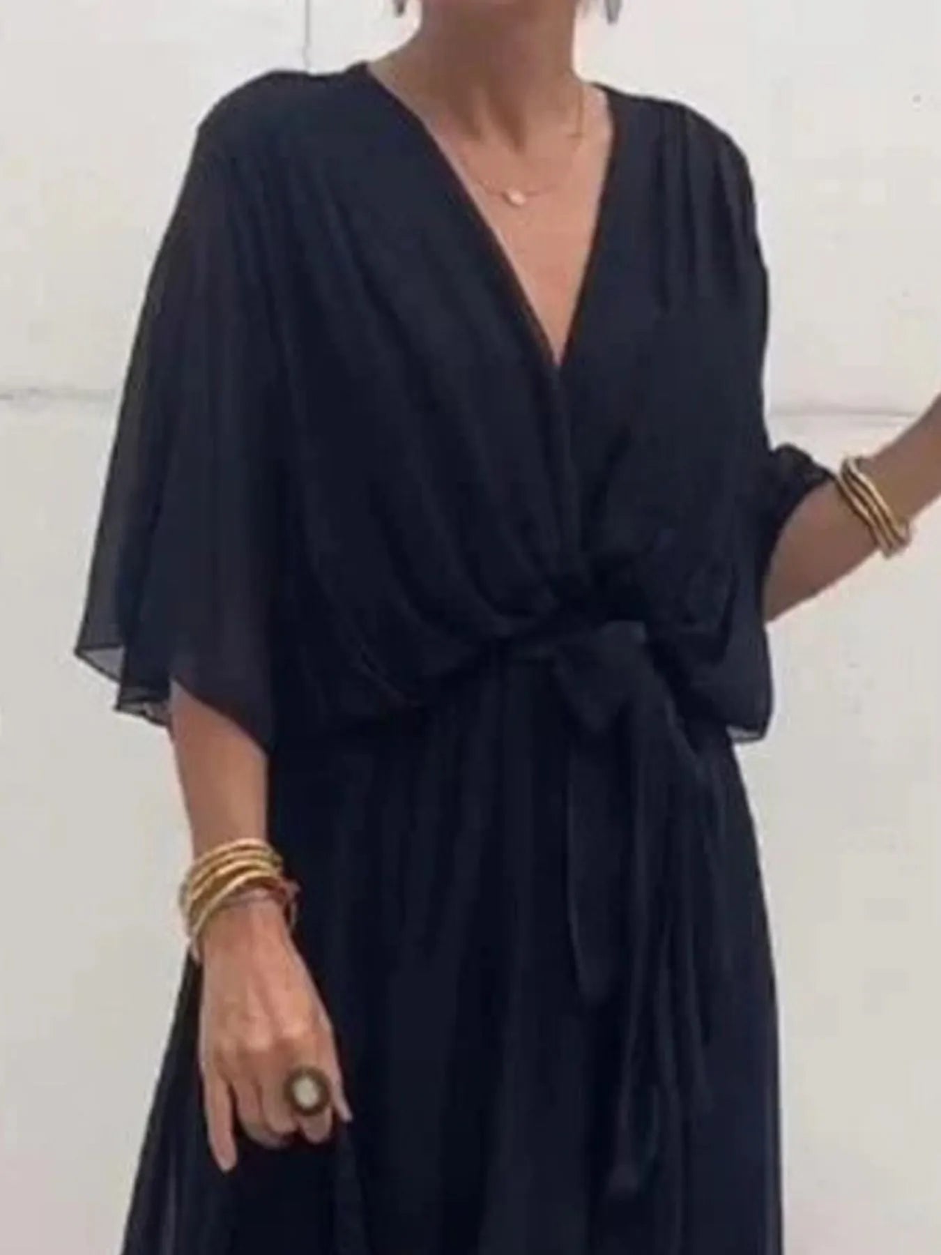 Plus Size Flowy Tie Front Midi Dress with Flutter Sleeves.