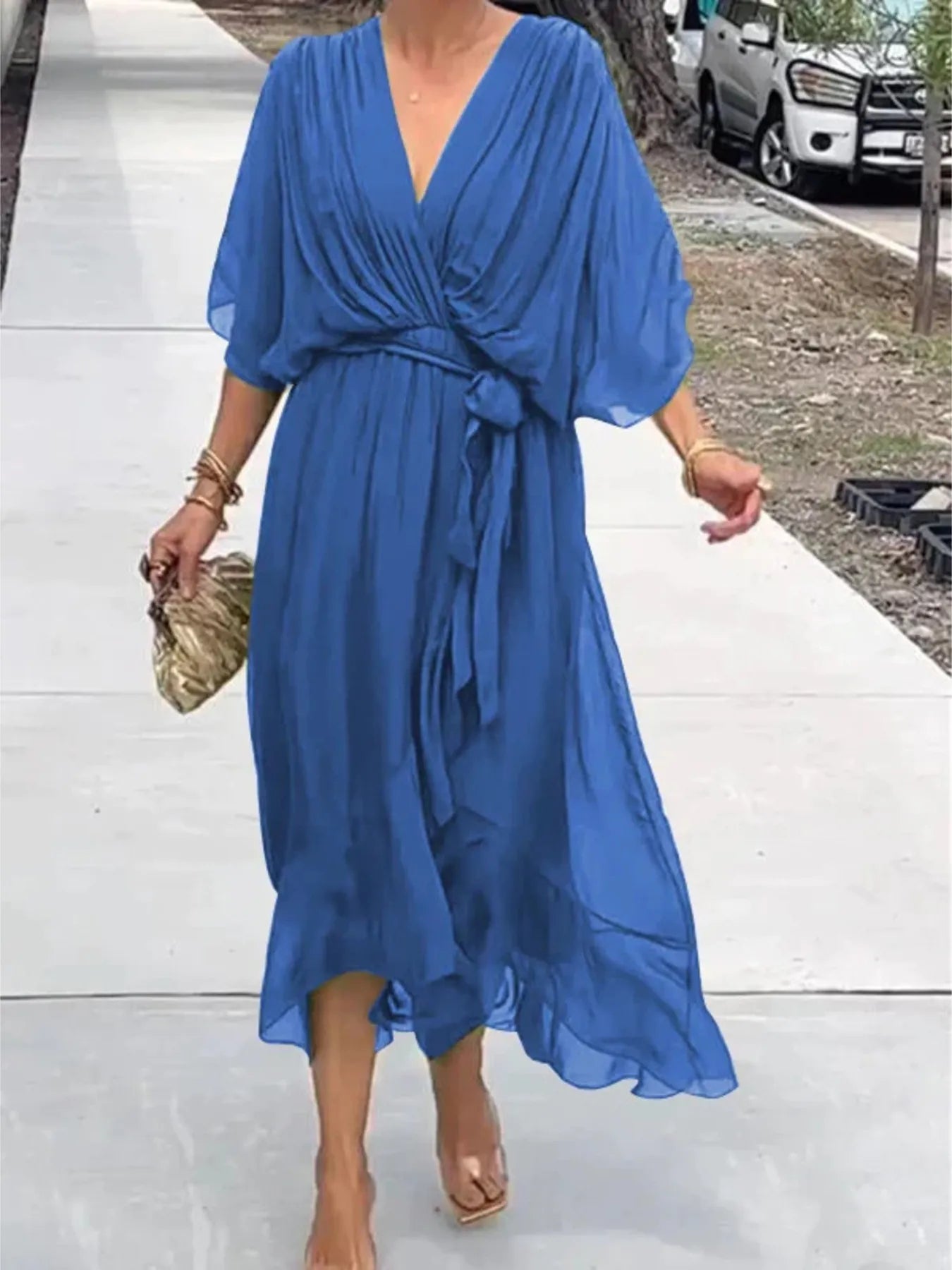 Plus Size Flowy Tie Front Midi Dress with Flutter Sleeves.