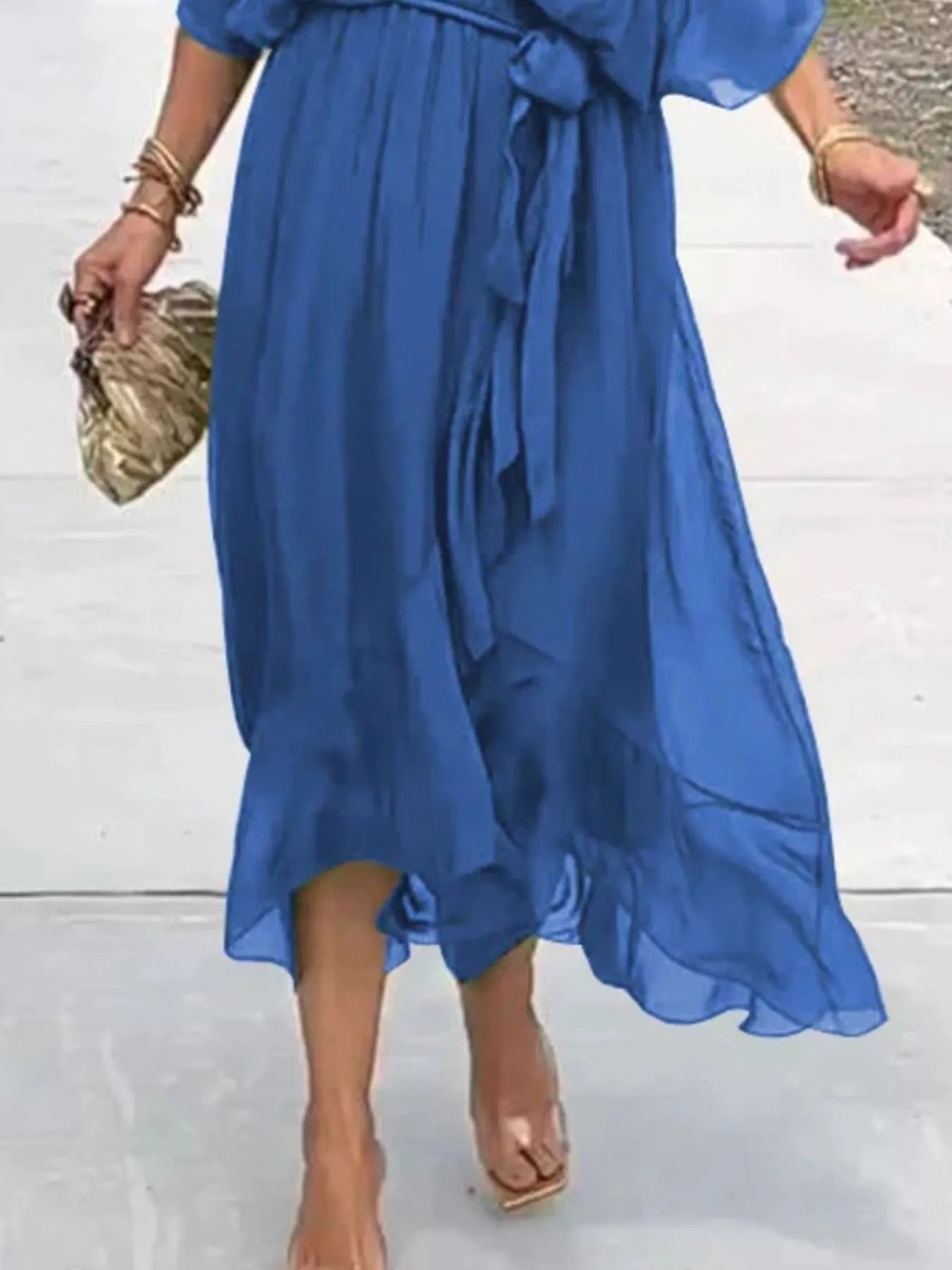 Plus Size Flowy Tie Front Midi Dress with Flutter Sleeves.