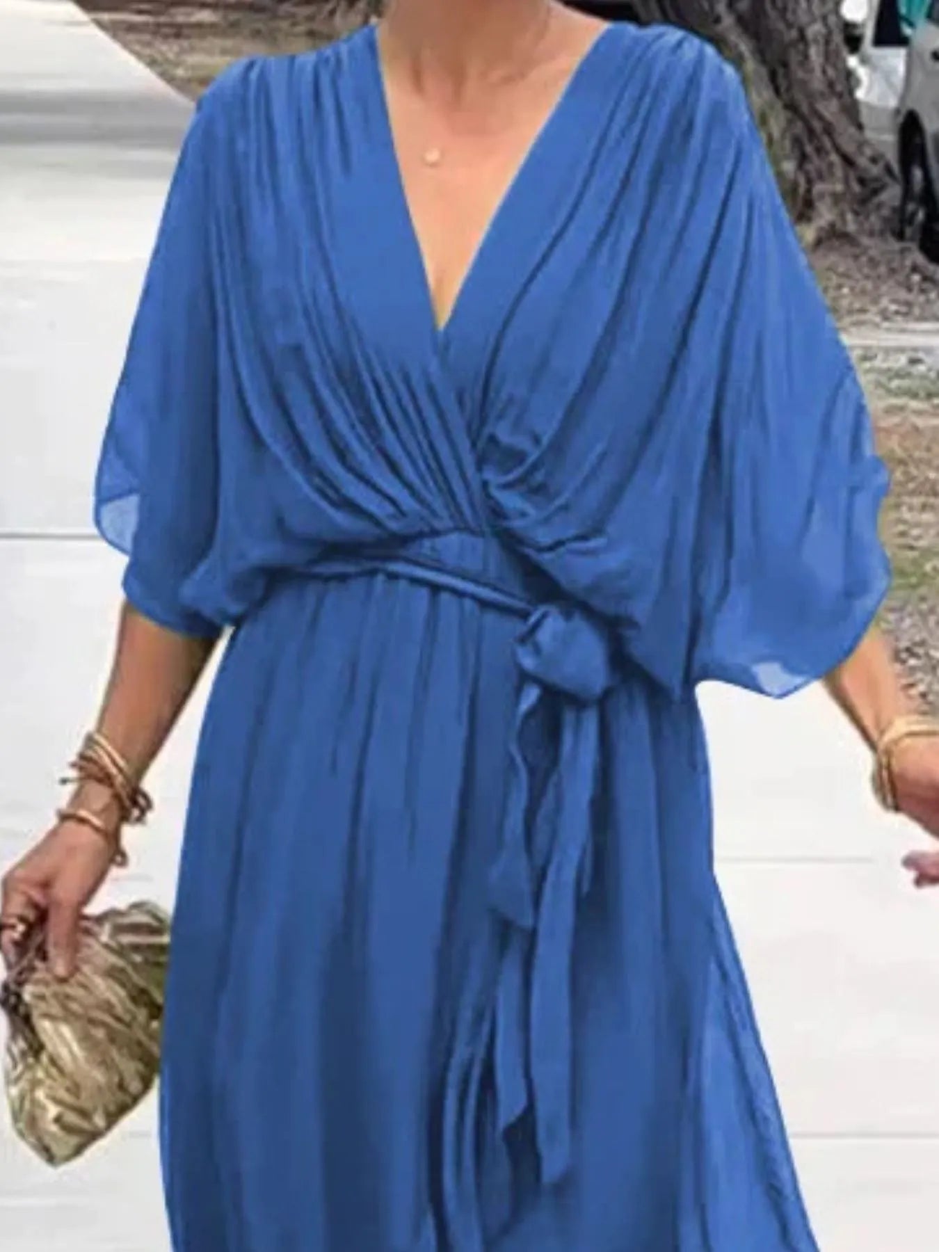 Plus Size Flowy Tie Front Midi Dress with Flutter Sleeves.