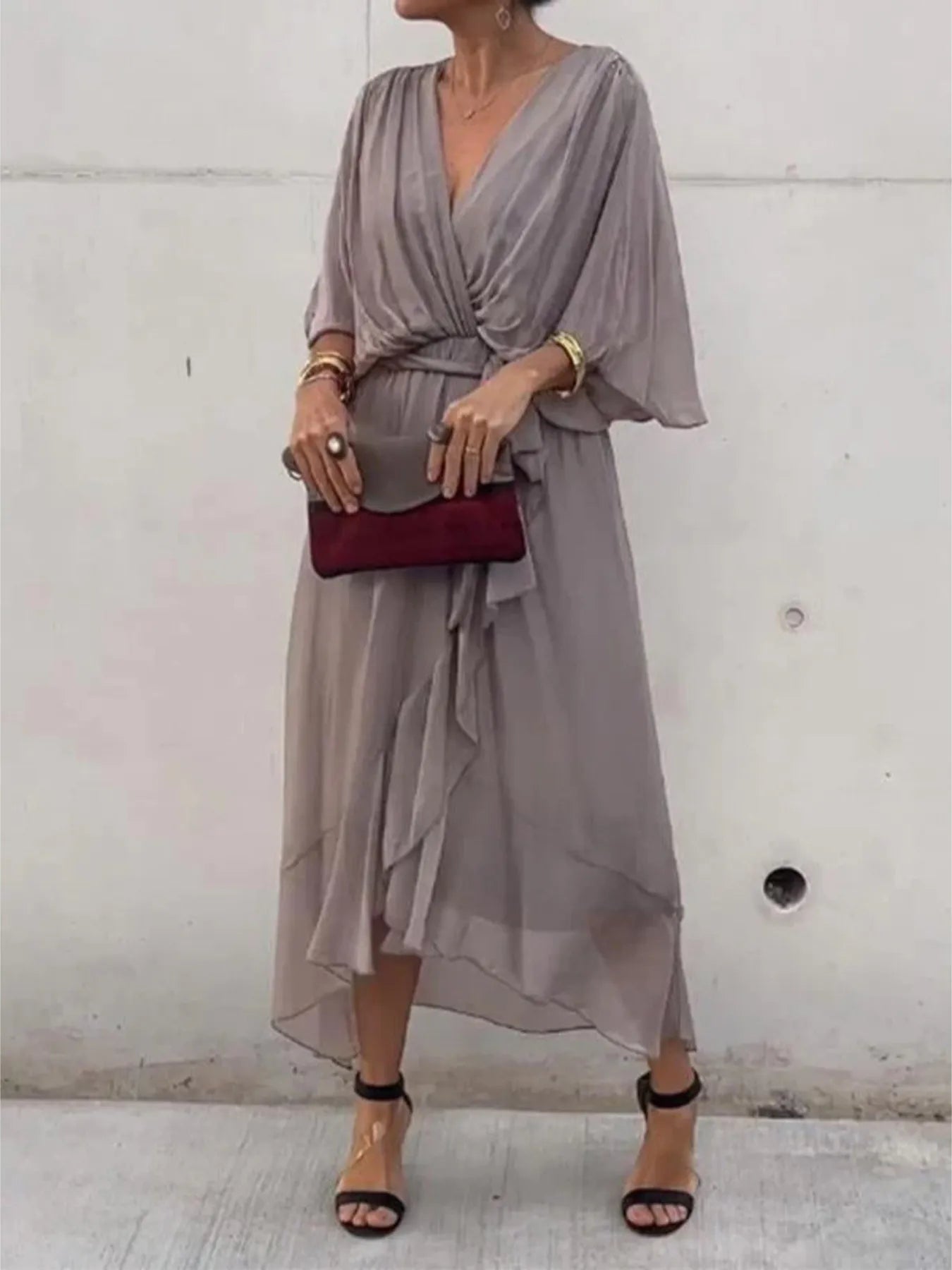 Plus Size Flowy Tie Front Midi Dress with Flutter Sleeves.