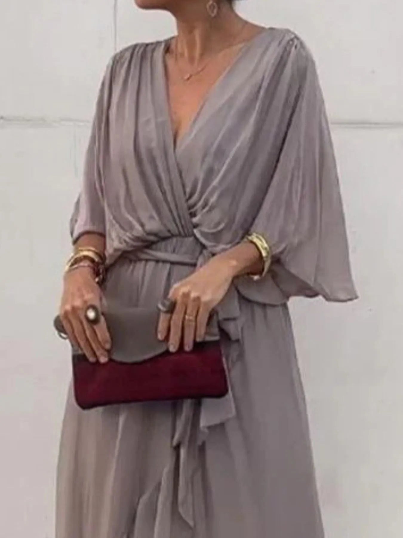 Plus Size Flowy Tie Front Midi Dress with Flutter Sleeves.