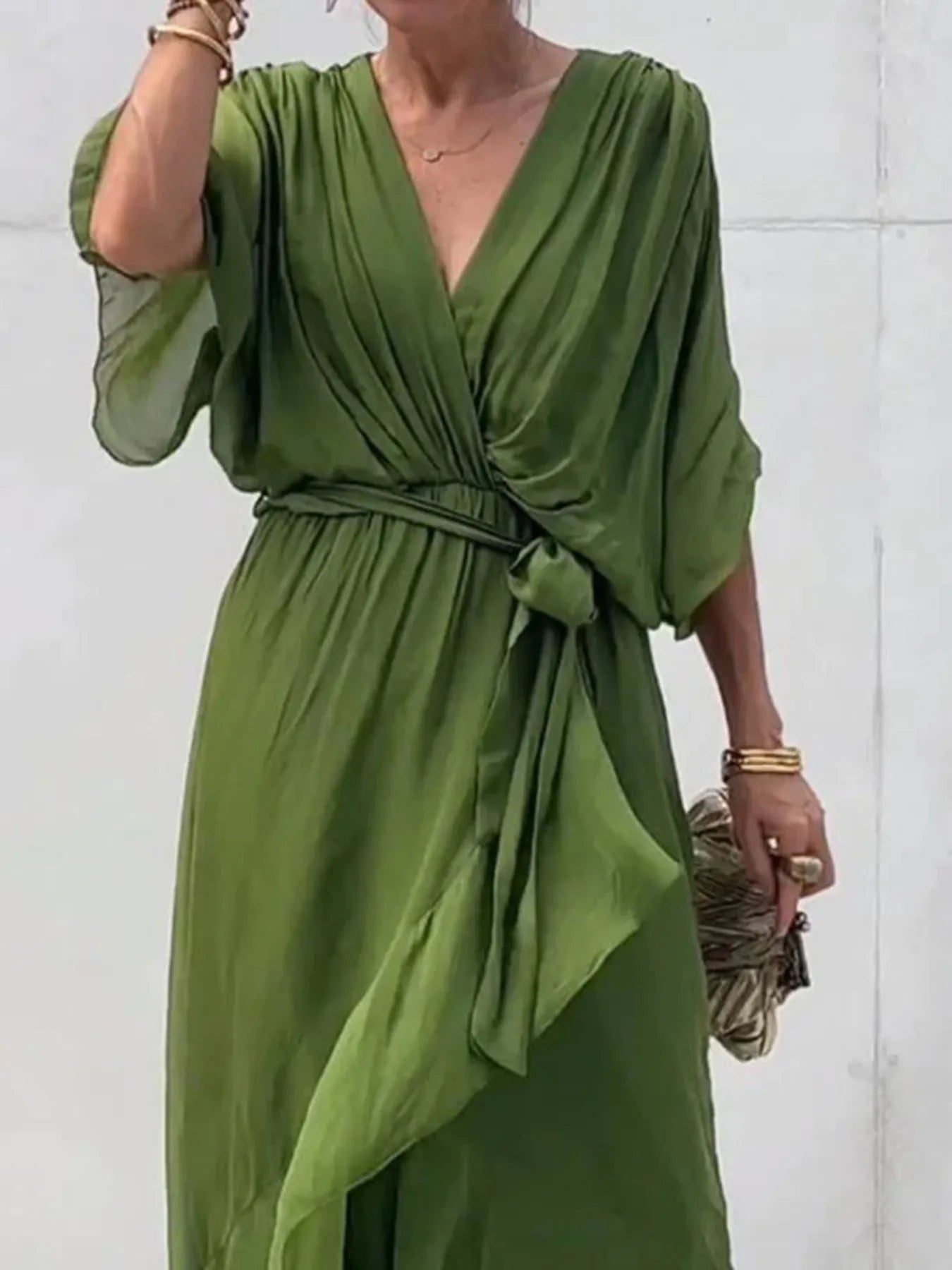 Plus Size Flowy Tie Front Midi Dress with Flutter Sleeves.