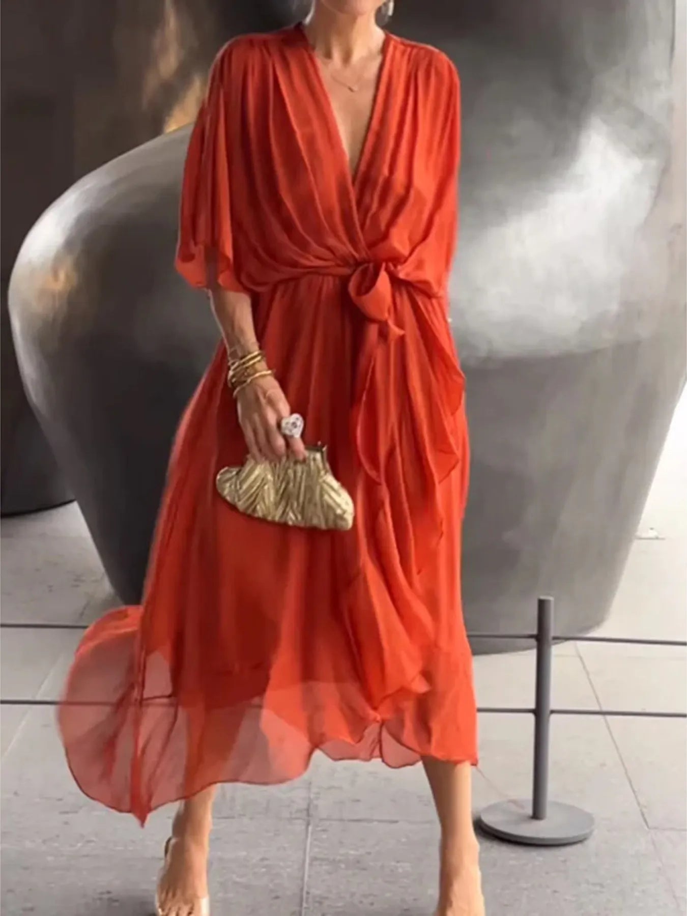 Plus Size Flowy Tie Front Midi Dress with Flutter Sleeves.