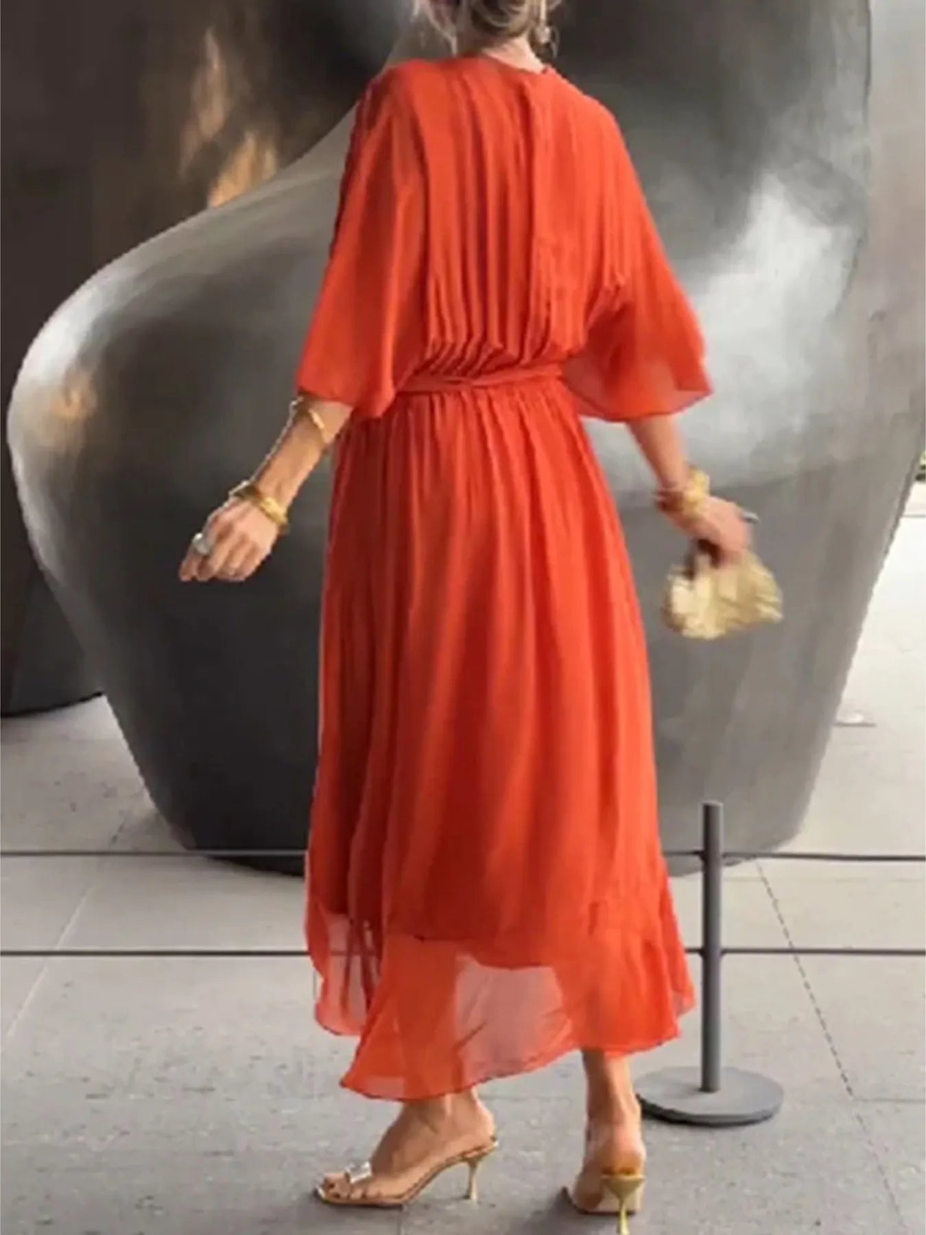 Plus Size Flowy Tie Front Midi Dress with Flutter Sleeves.