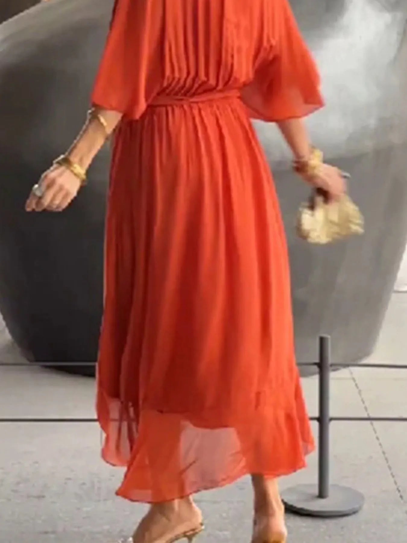 Plus Size Flowy Tie Front Midi Dress with Flutter Sleeves.
