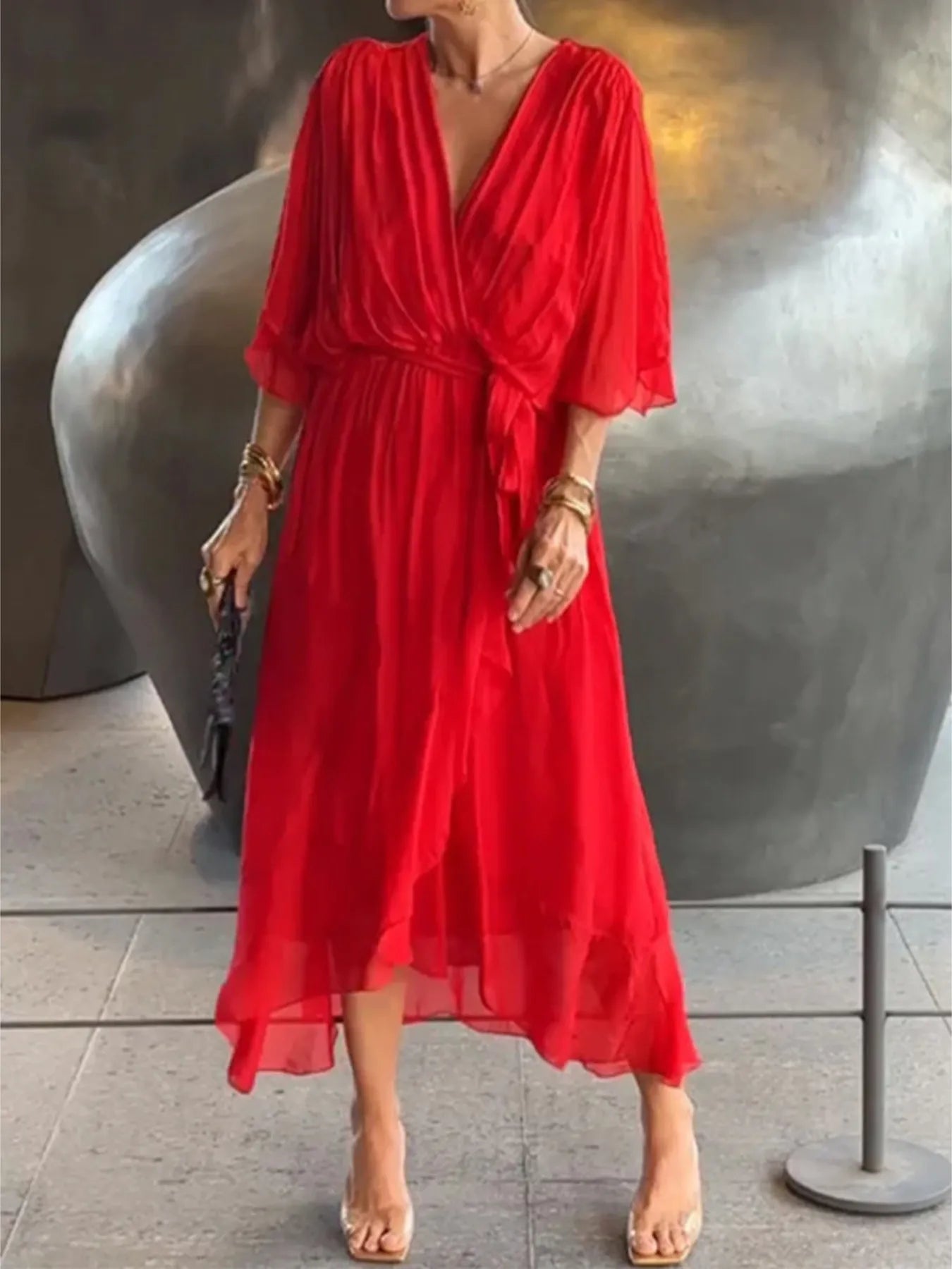 Plus Size Flowy Tie Front Midi Dress with Flutter Sleeves.