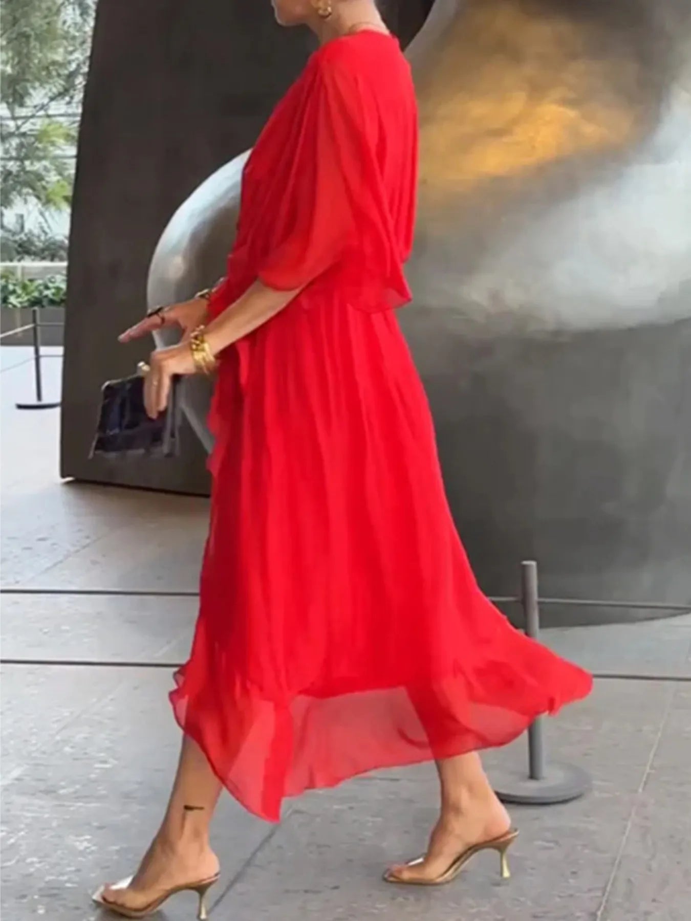 Plus Size Flowy Tie Front Midi Dress with Flutter Sleeves.
