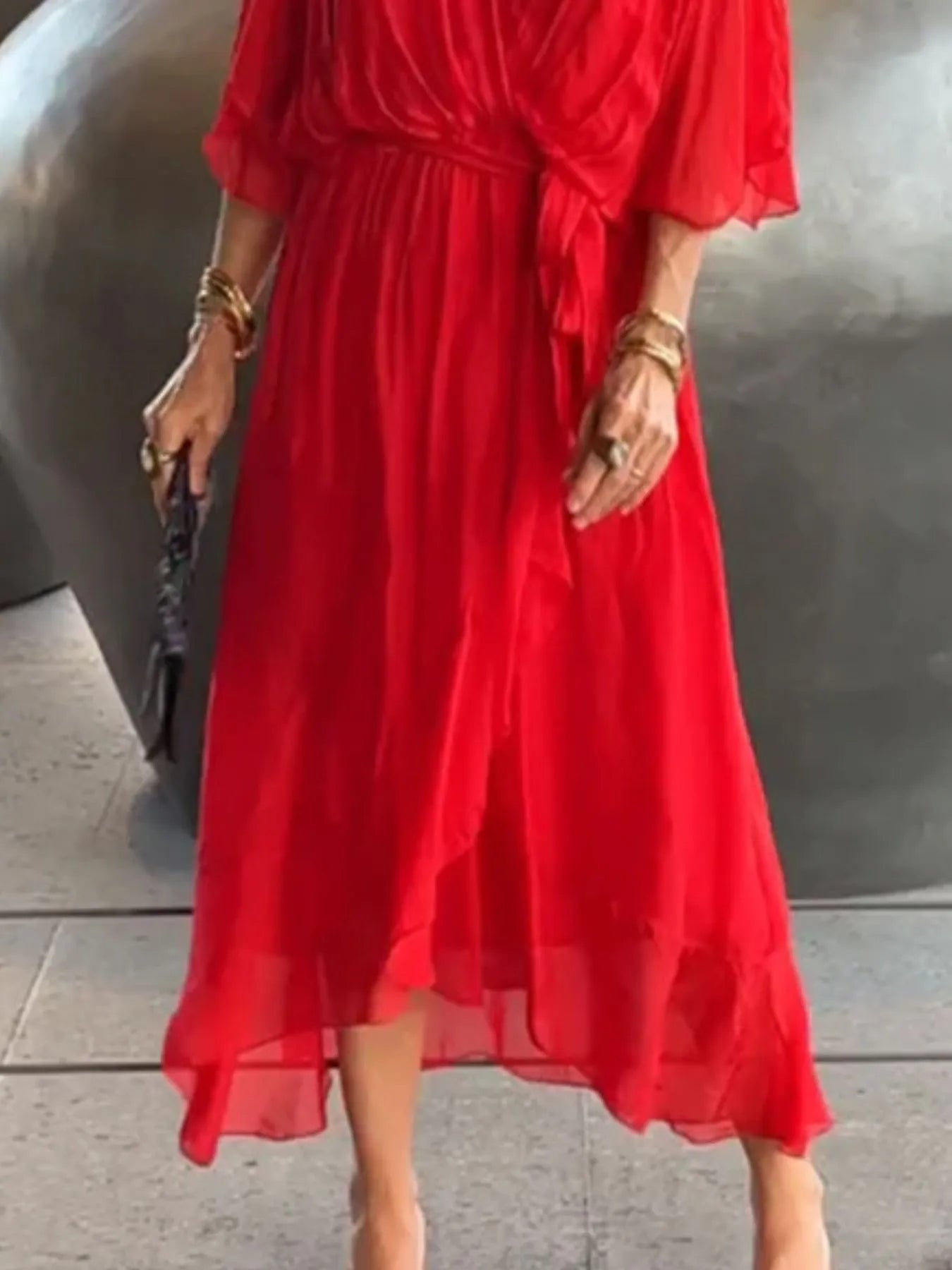 Plus Size Flowy Tie Front Midi Dress with Flutter Sleeves.