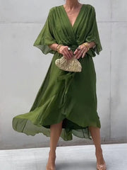 Plus Size Flowy Tie Front Midi Dress with Flutter Sleeves.