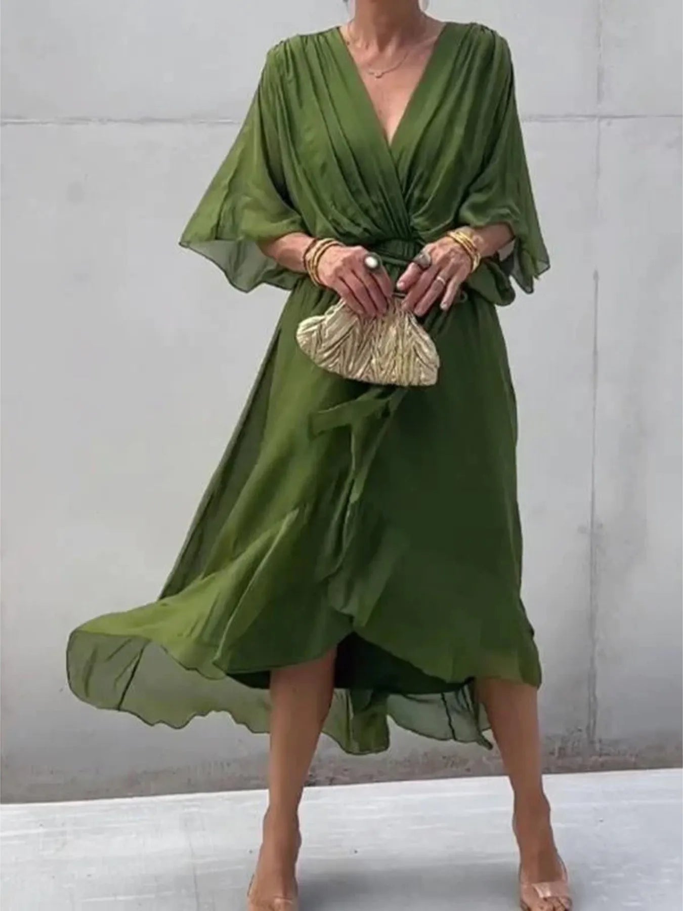 Plus Size Flowy Tie Front Midi Dress with Flutter Sleeves.