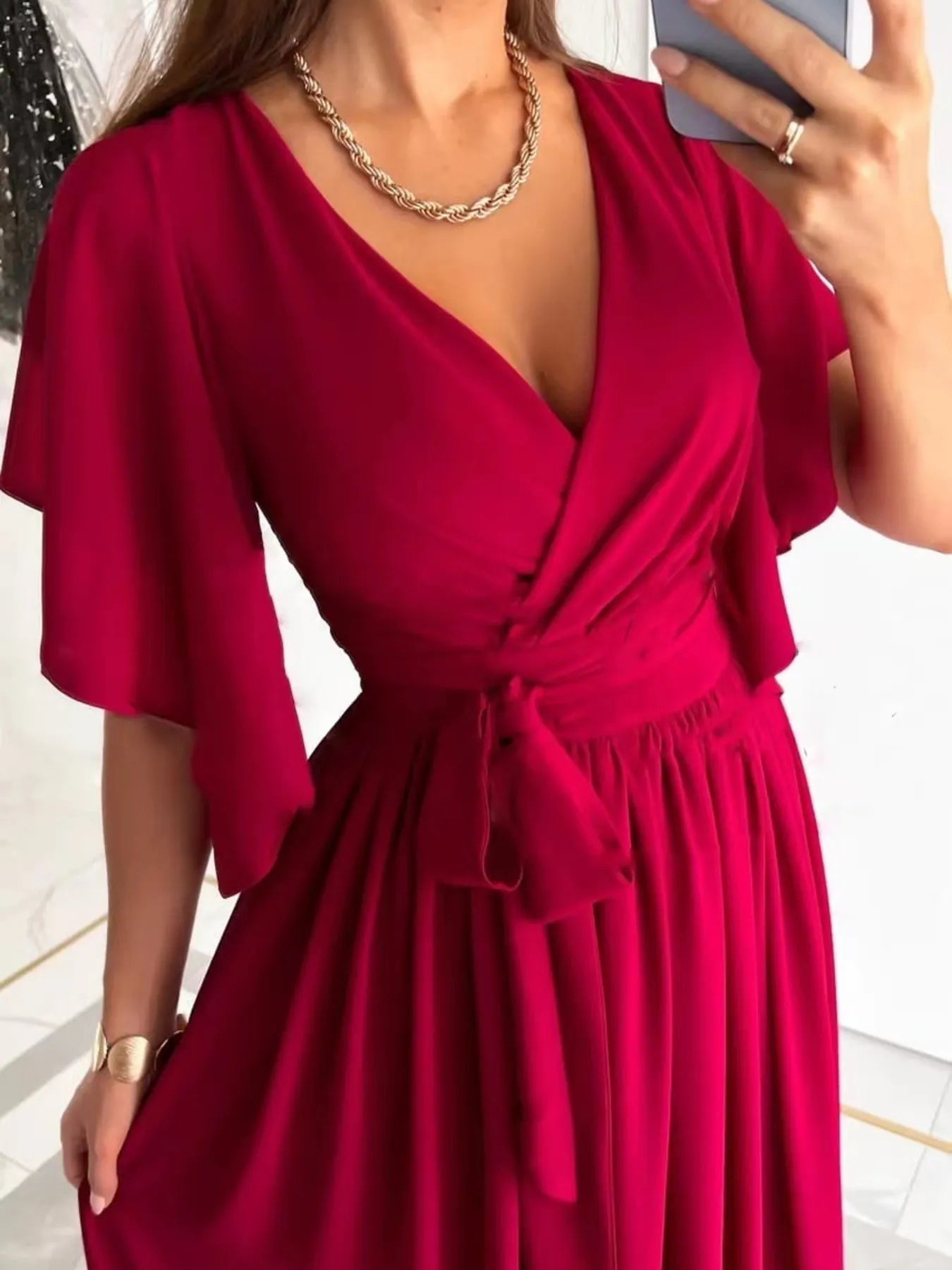 Flutter Sleeve Surplice Tie Waist Dress.