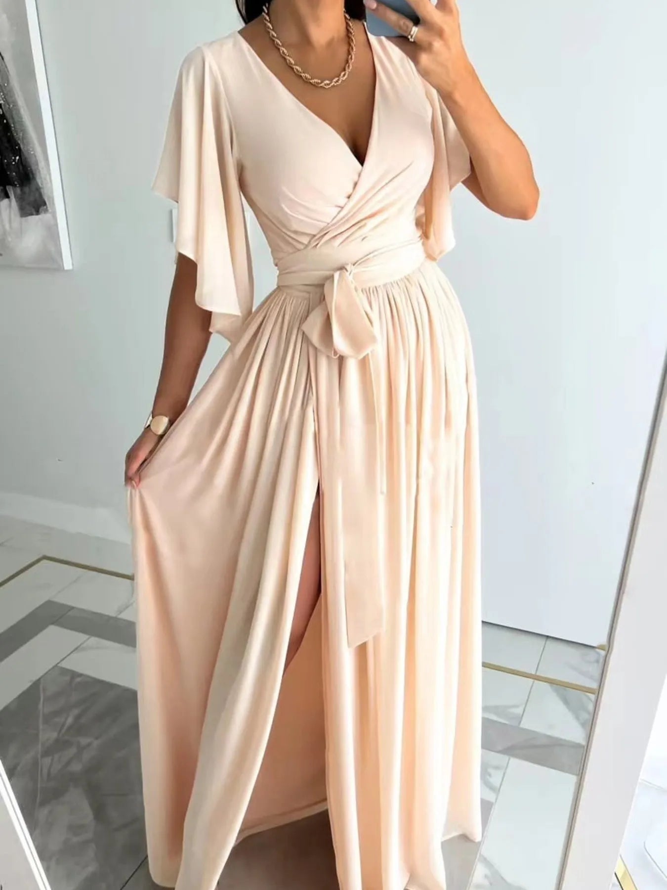 Flutter Sleeve Surplice Tie Waist Dress.