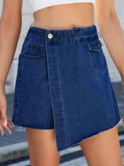 Frayed hem asymmetrical denim skort.