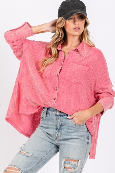 Sage Fig frayed hem side slit button down shirt.