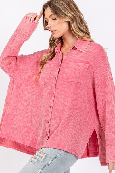 Sage Fig frayed hem side slit button down shirt.