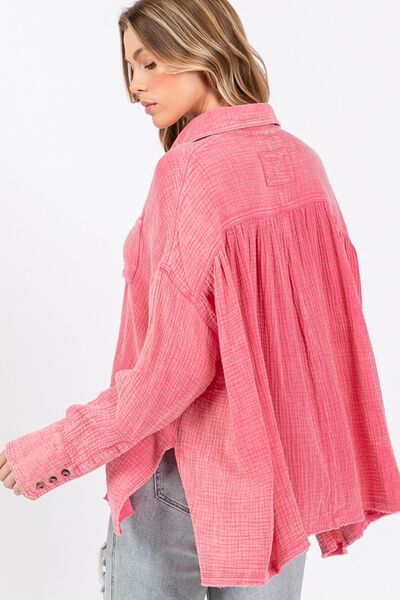 Sage Fig frayed hem side slit button down shirt.