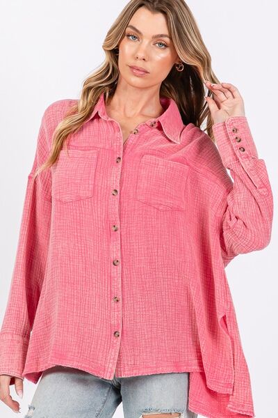 Sage Fig frayed hem side slit button down shirt.