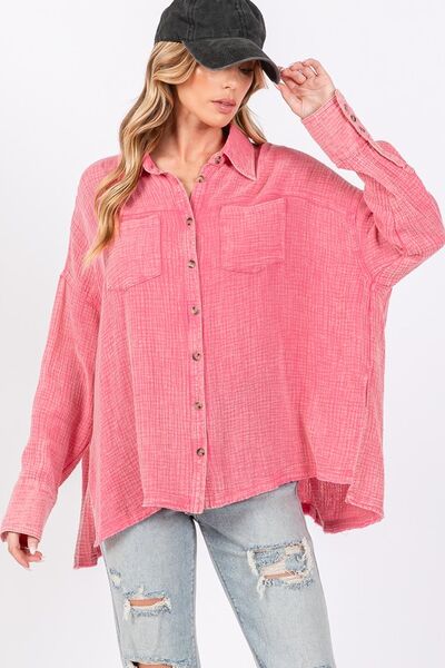 Sage Fig frayed hem side slit button down shirt.