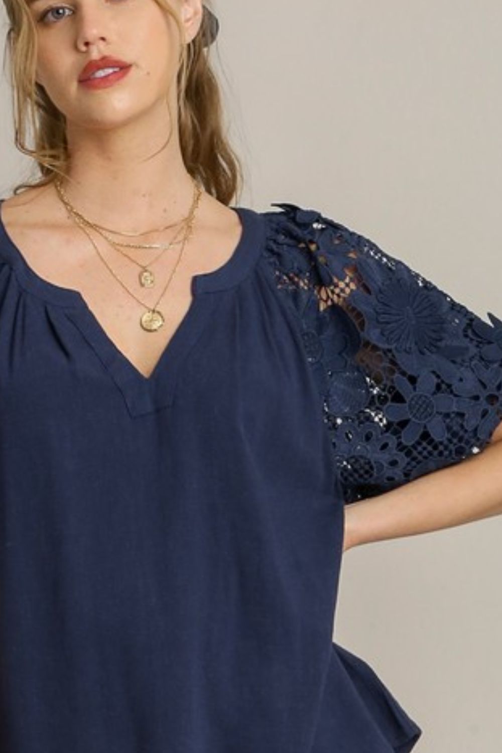 Umgee full size French terry boxy cut top with 3D floral sleeve, plus size.