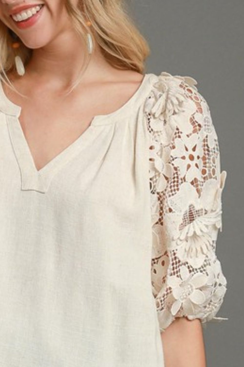 Umgee full size French terry boxy cut top with 3D floral sleeve, plus size.