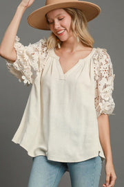 Umgee full size French terry boxy cut top with 3D floral sleeve, plus size.