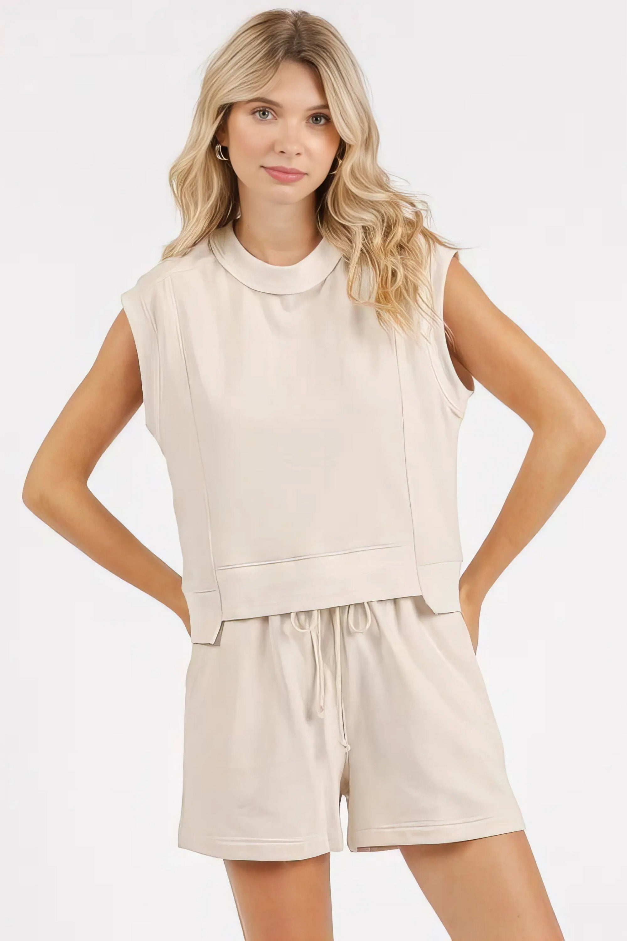 French terry crew neck top and shorts set, women's cozy loungewear, comfortable two-piece outfit, soft French terry fabric, drawstring shorts, practical pockets, moderate stretch cotton blend, ideal for relaxing or casual wear