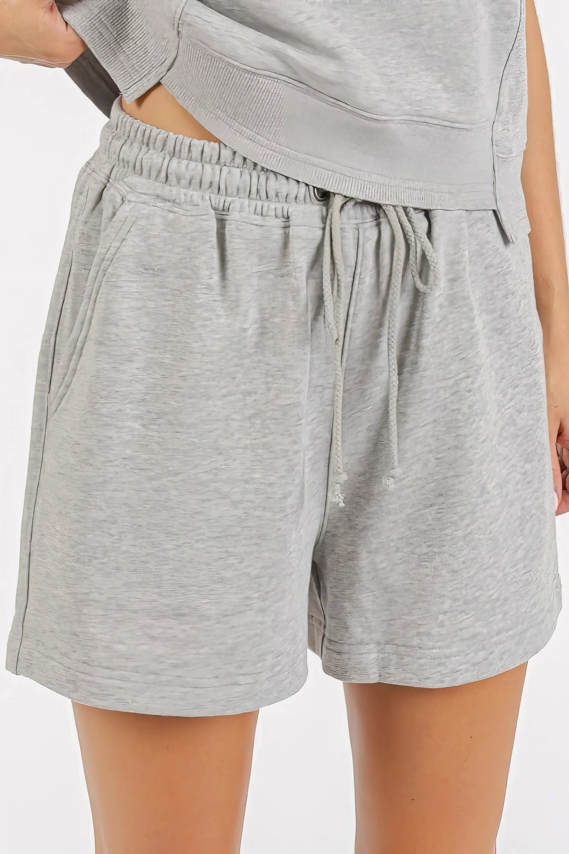 french terry crew neck top and shorts set loungewear, cozy women's two-piece set, comfortable lounge outfit, soft French terry fabric, relaxed fit top, ultimate comfort shorts, ideal for relaxing at home