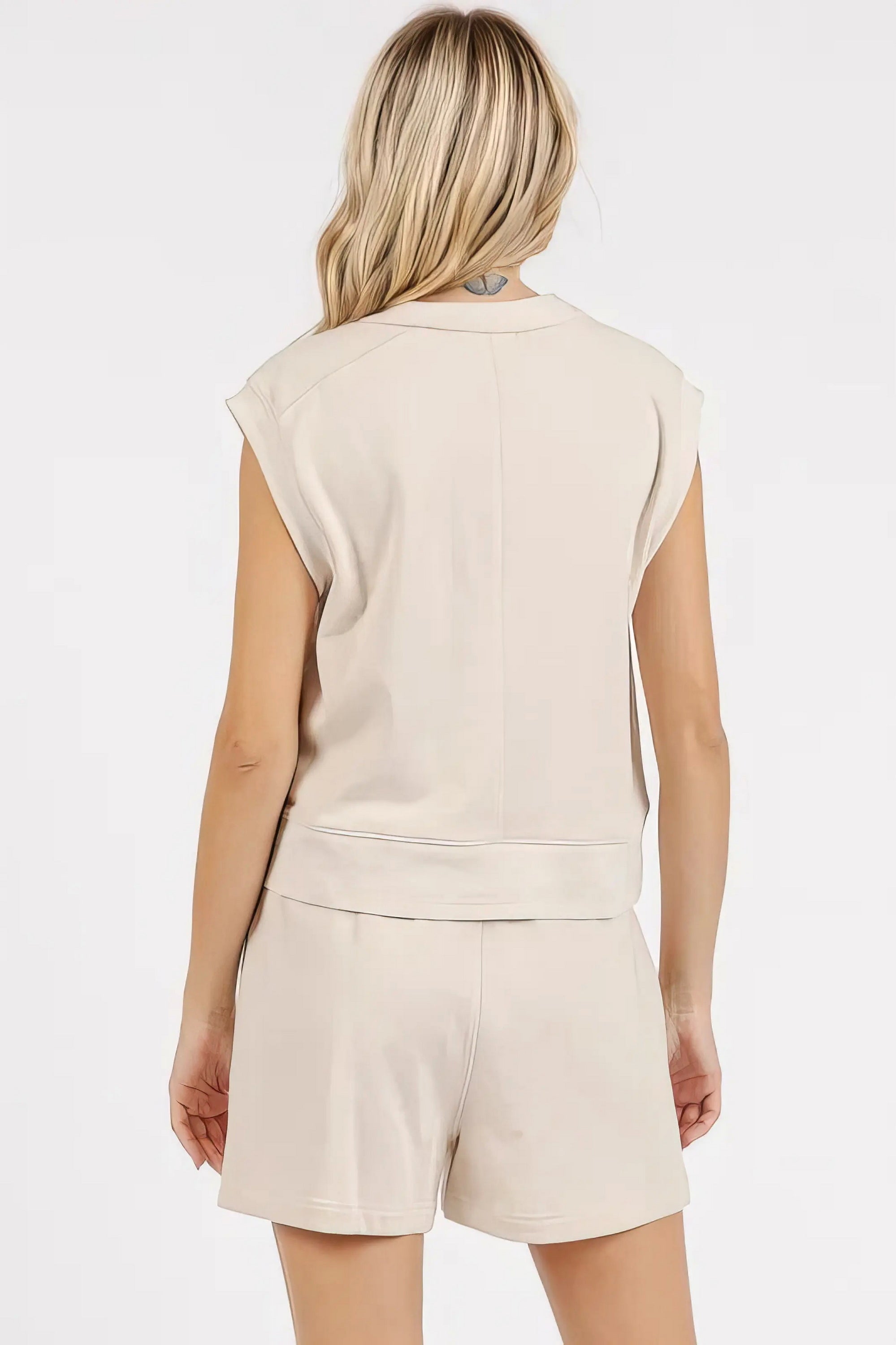 French terry crew neck top and shorts set, women's cozy loungewear, comfortable two-piece outfit, soft French terry fabric, drawstring shorts, practical pockets, moderate stretch cotton blend, ideal for relaxing or casual wear