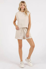 French terry crew neck top and shorts set, women's cozy loungewear, comfortable two-piece outfit, soft French terry fabric, drawstring shorts, practical pockets, moderate stretch cotton blend, ideal for relaxing or casual wear