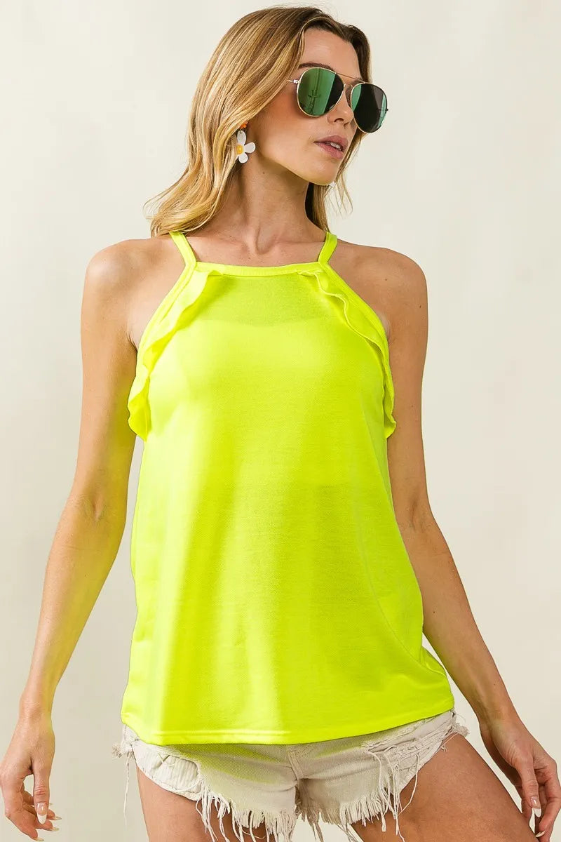 French terry knit ruffled detail sleeveless top.