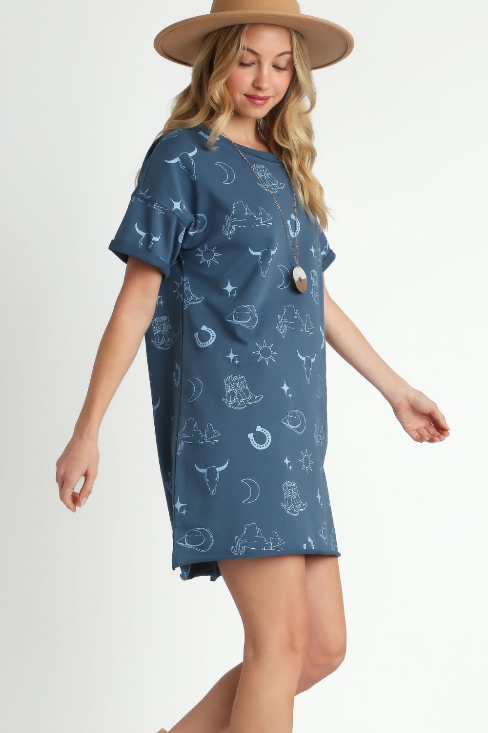 Umgee Plus Size French Terry Short Sleeve Round Neck Dress.