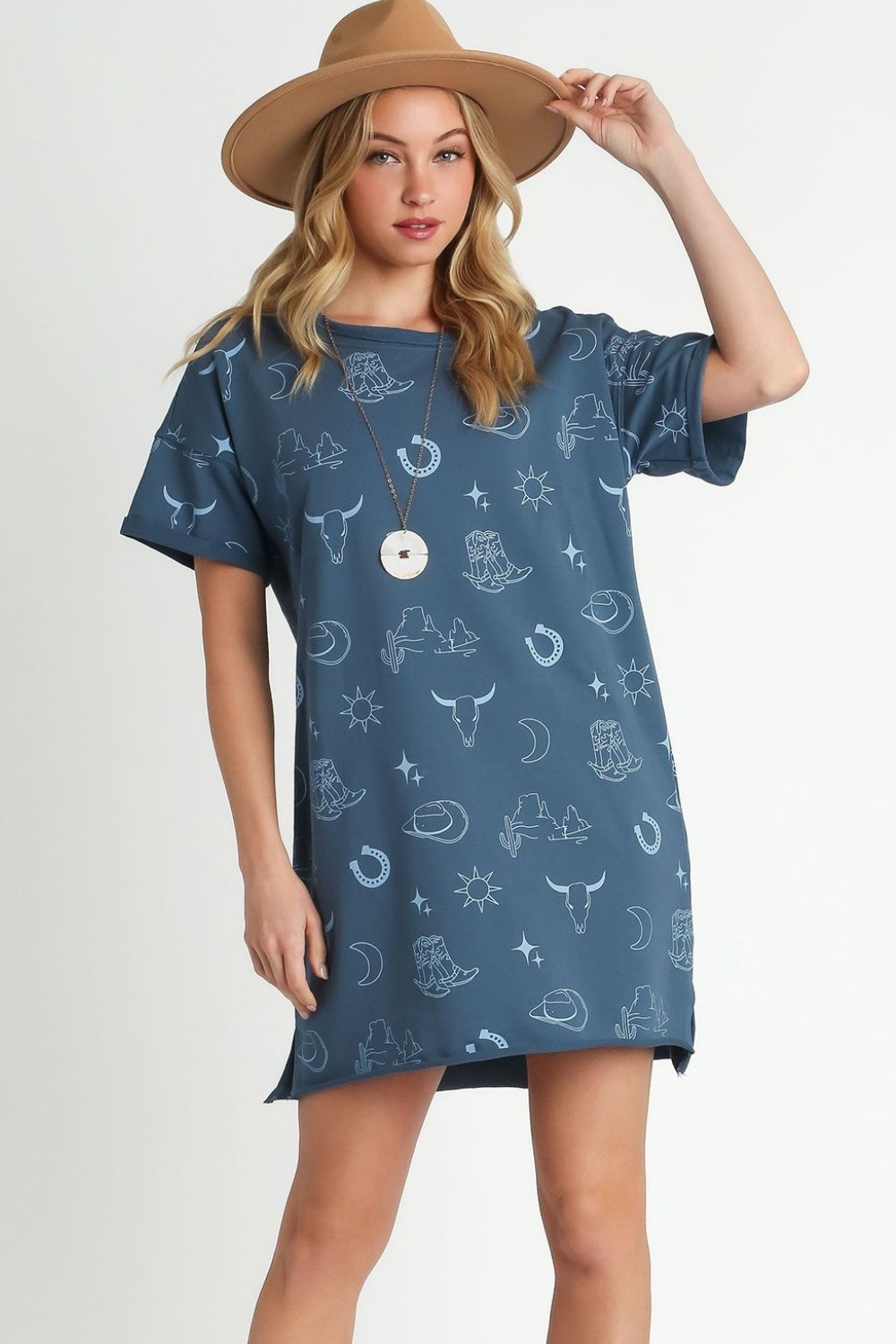 Umgee Plus Size French Terry Short Sleeve Round Neck Dress.