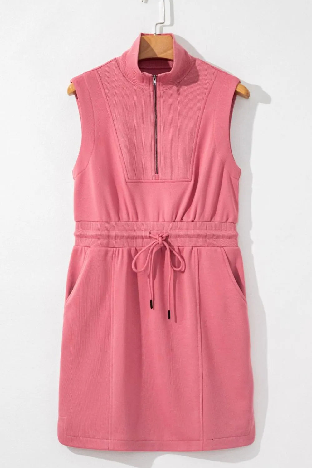 French Terry Zipped Collar Sleeveless Drawstring Waist Mini Dress.