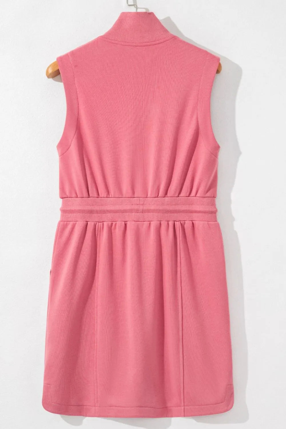 French Terry Zipped Collar Sleeveless Drawstring Waist Mini Dress.