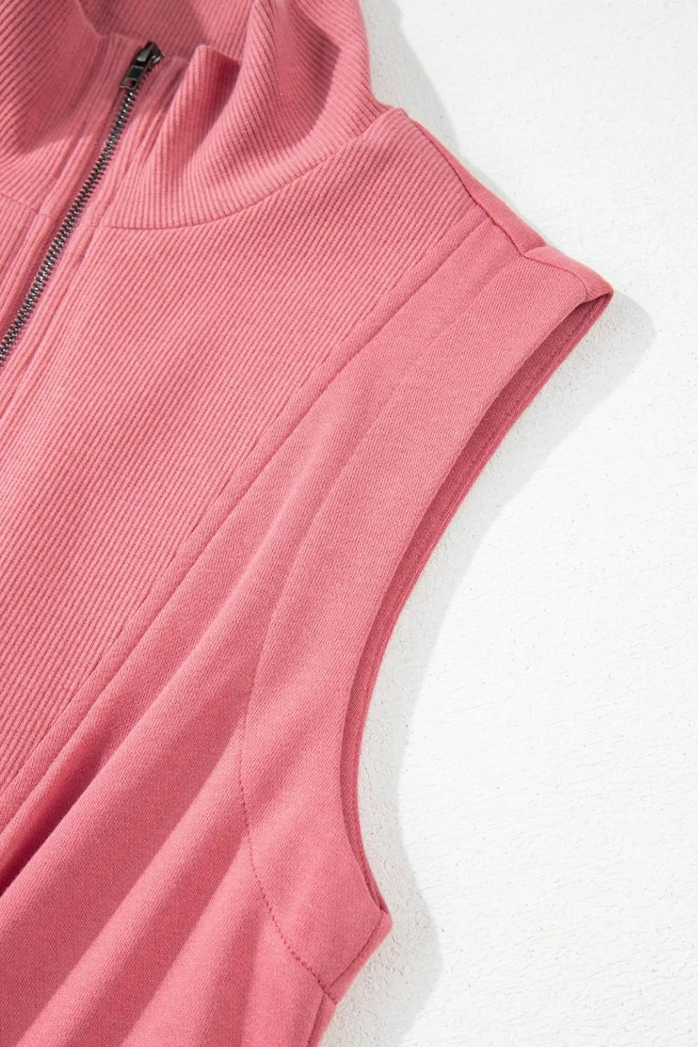 French Terry Zipped Collar Sleeveless Drawstring Waist Mini Dress.