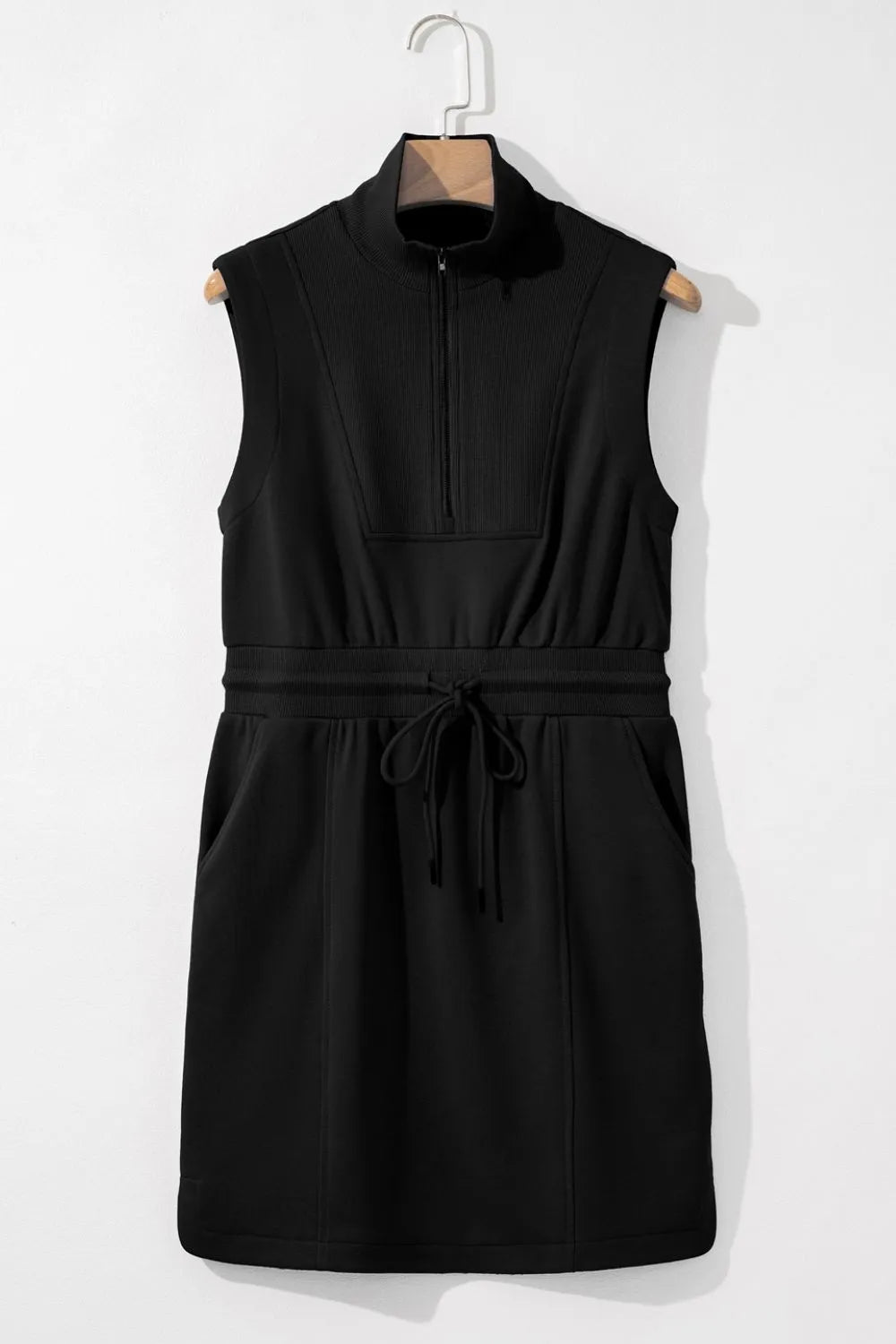 French Terry Zipped Collar Sleeveless Drawstring Waist Mini Dress.