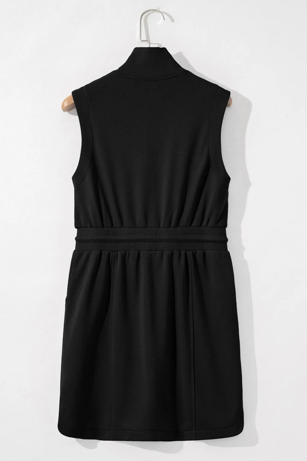 French Terry Zipped Collar Sleeveless Drawstring Waist Mini Dress.