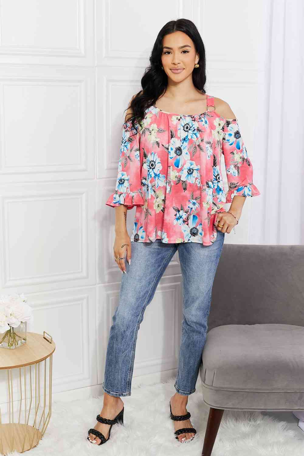 Sew In Love full size fresh take floral cold-shoulder top.