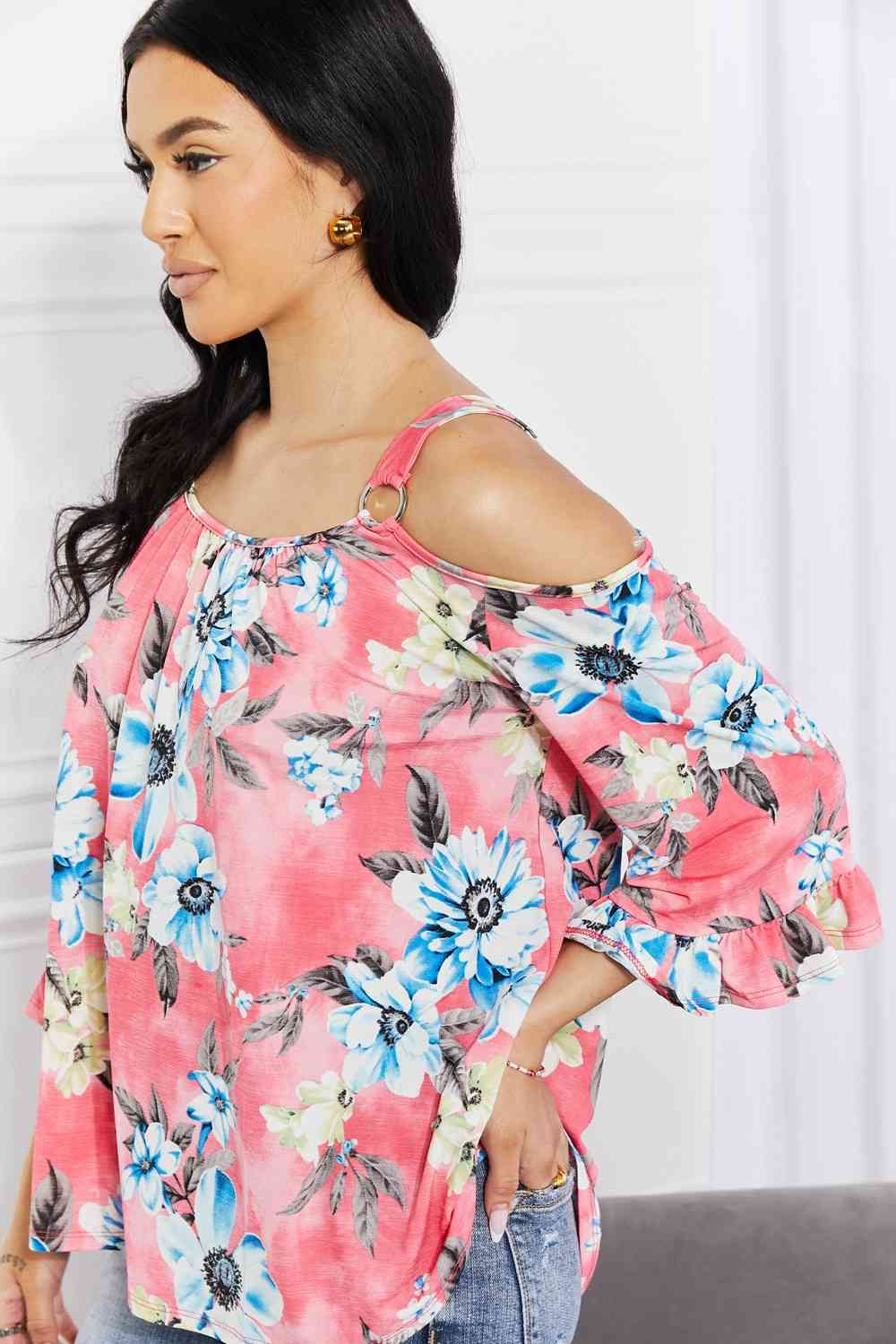 Sew In Love full size fresh take floral cold-shoulder top.