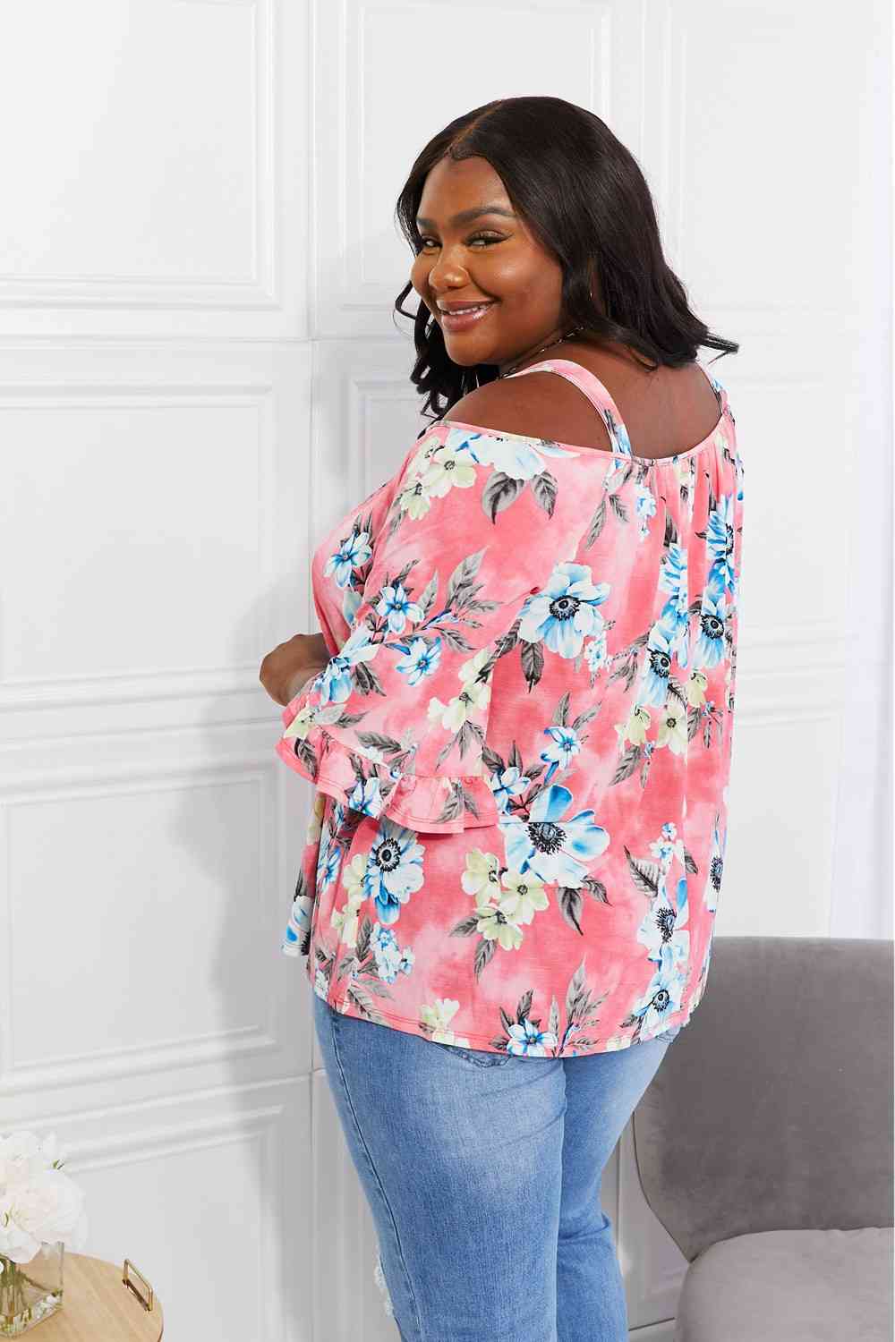 Sew In Love full size fresh take floral cold-shoulder top.