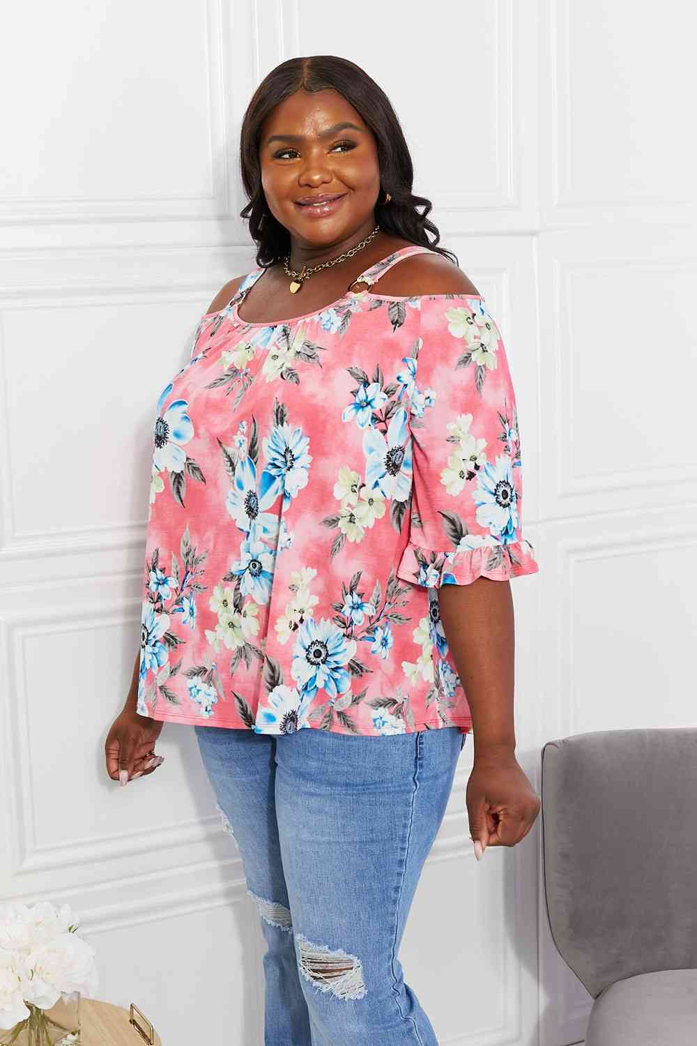 Sew In Love full size fresh take floral cold-shoulder top.