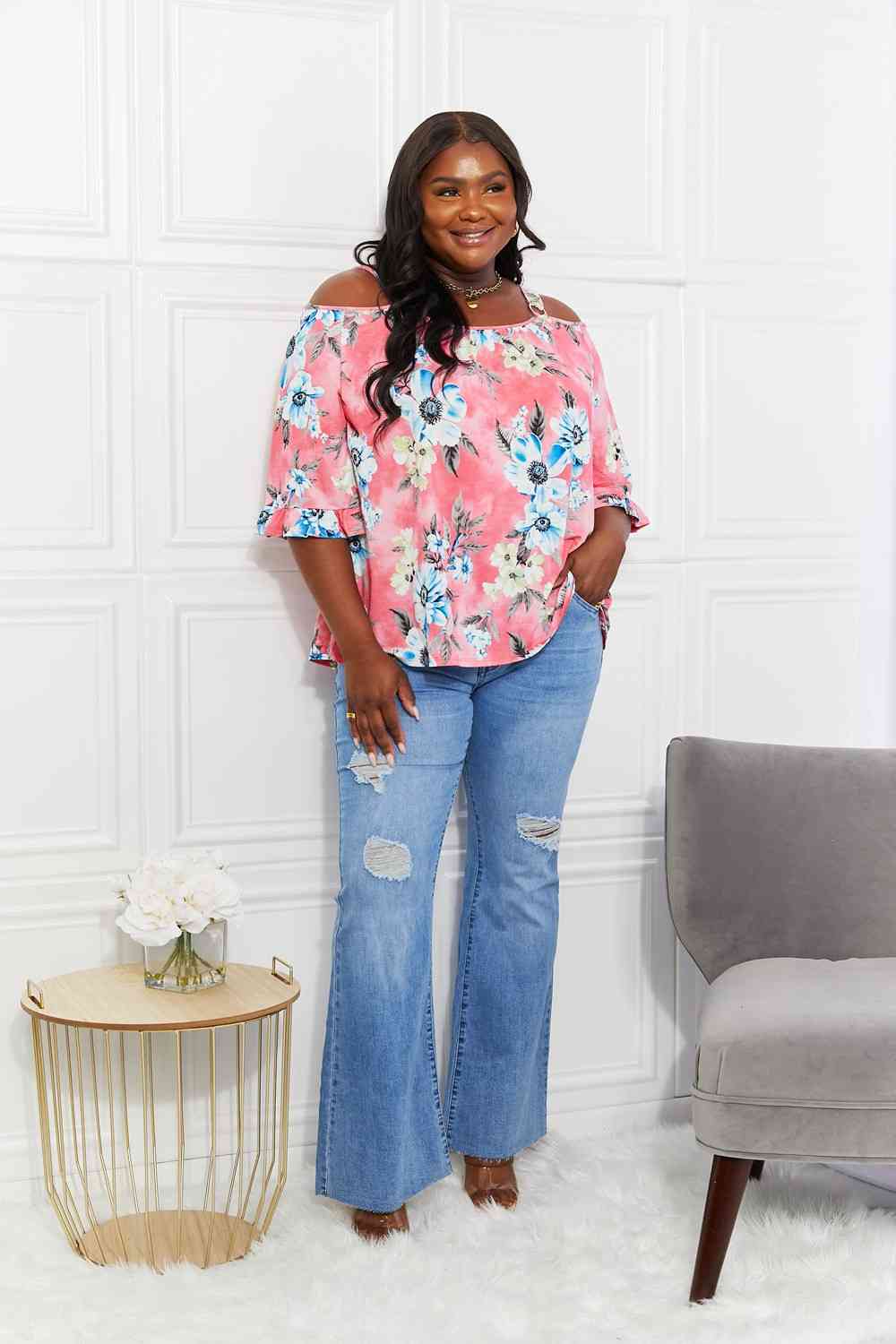 Sew In Love full size fresh take floral cold-shoulder top.